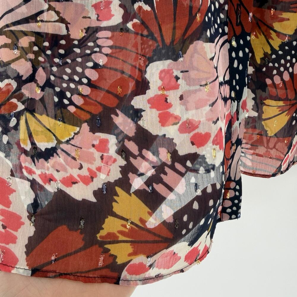 NEW BODEN Butterfly Ruffle Neck Shirt Multicolor Sheer Blouse Ruffled Cuffs US-2 - Picture 9 of 12
